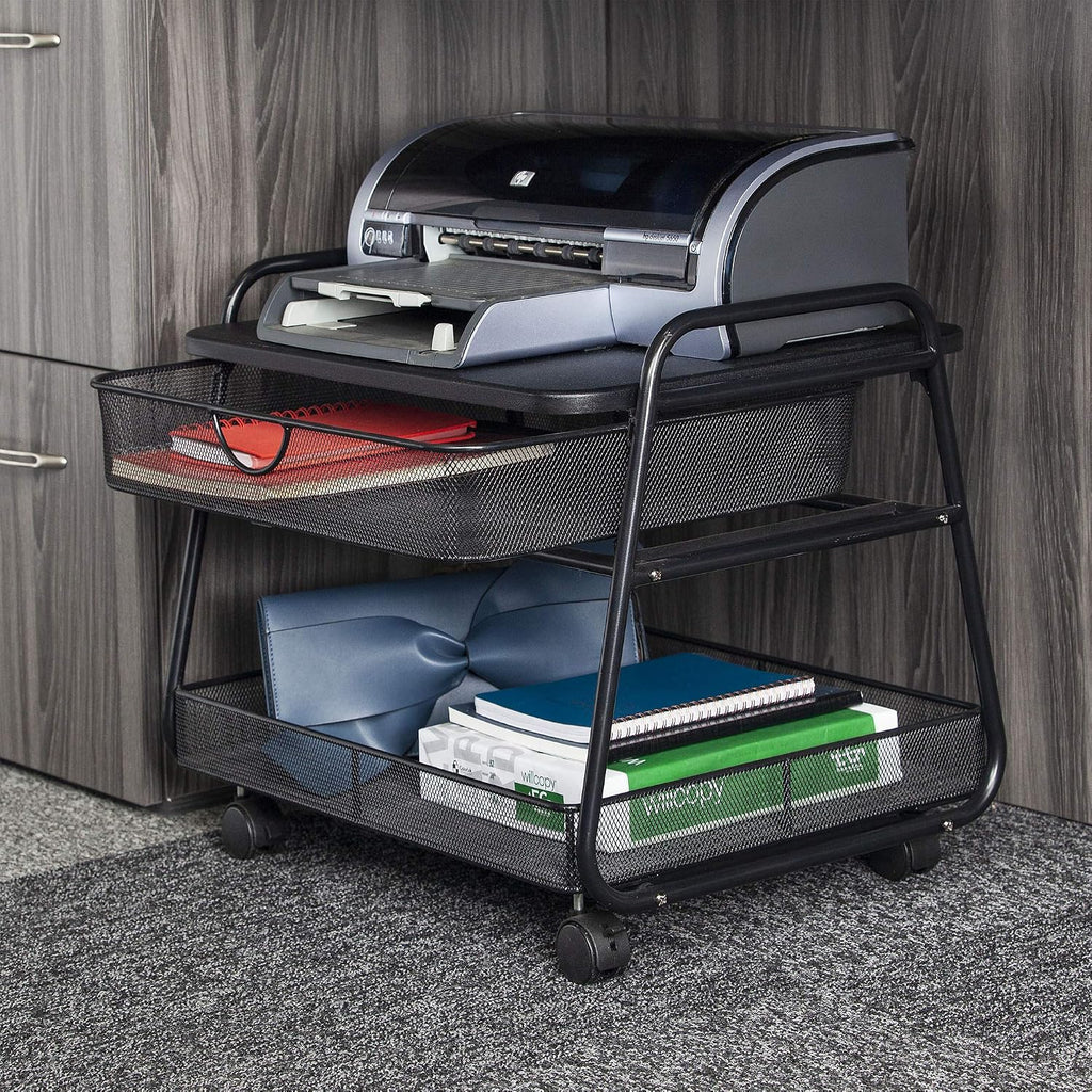 Safco 5208BL Onyx Under-Desk Rolling Machine Stand, Black, 21'W x 16'D x 17.5'H for Printer and Fax Machines With Basket and Drawer Storage. Perfect for Home, Office and Classrooms