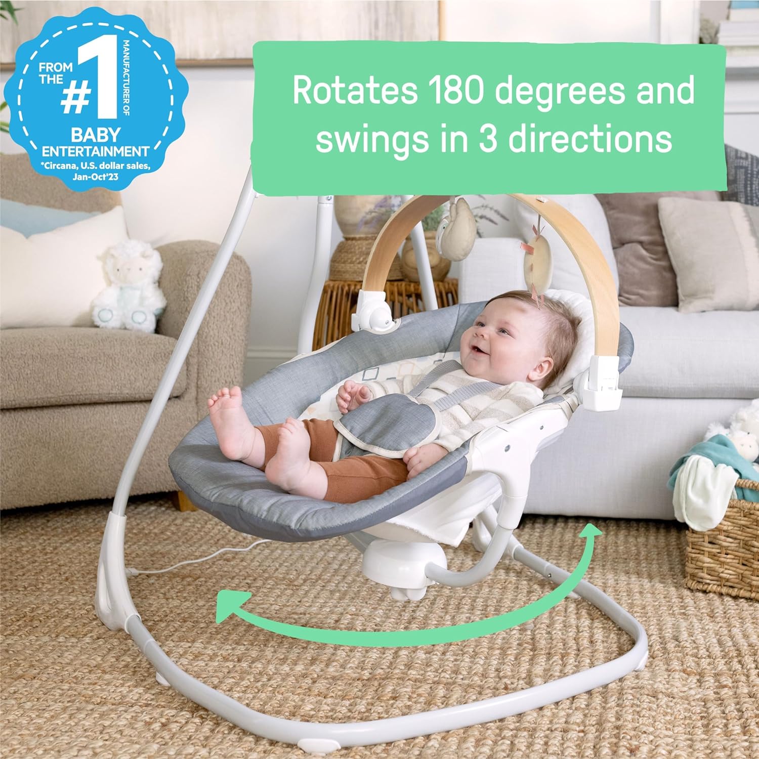 Ingenuity SimpleComfort Compact Baby Swing, Rotating Seat Swings in 3 Directions, 6 Speeds, 8 Melodies & 3 Nature Sounds, Ages 0-9 Months, Up to 20 Pounds - Parker