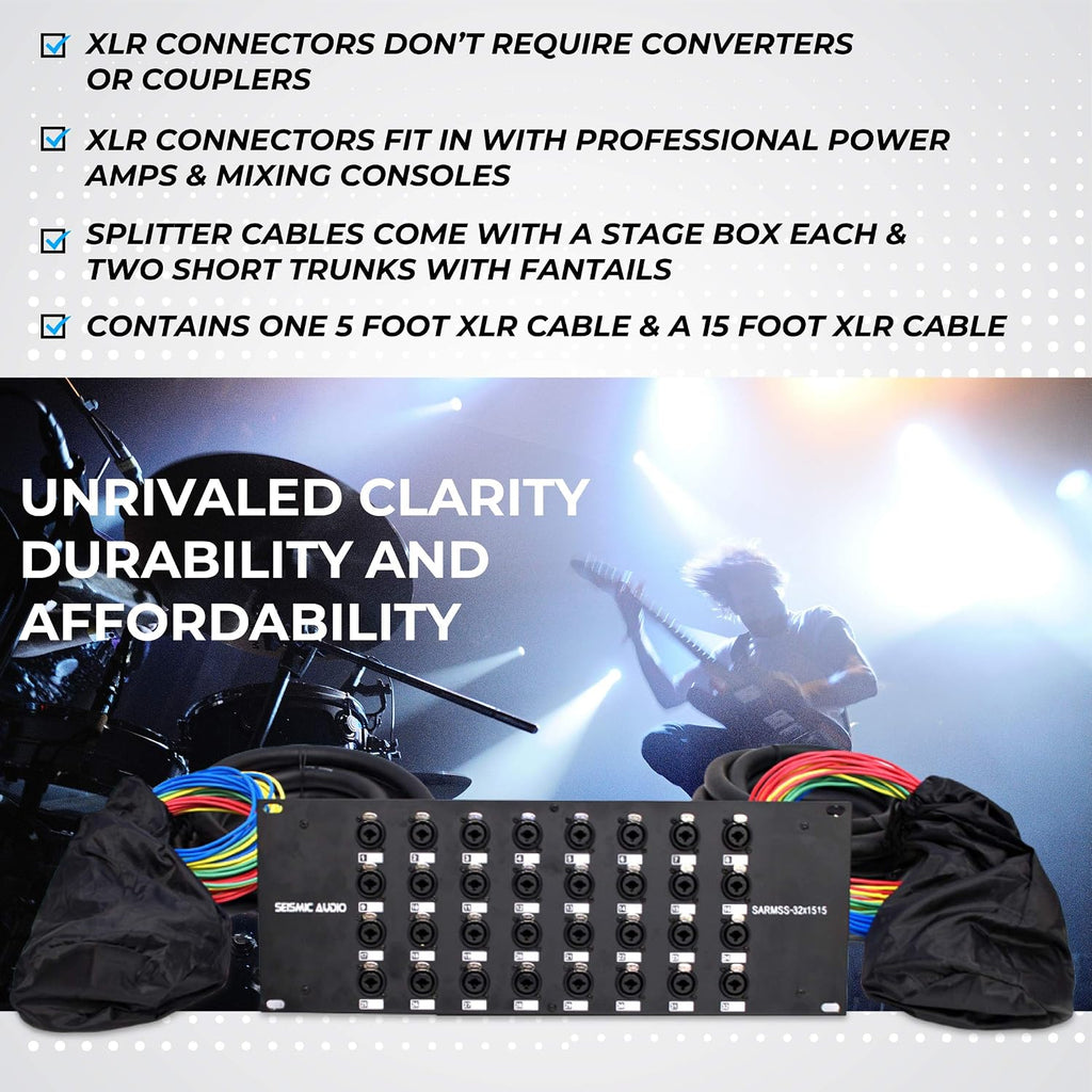 Seismic Audio Speakers Rack Mount 32 Channel XLR TRS Combo Splitter Snake Cable, 5' And 15' XLR Trunks, 32 Channel Splitter
