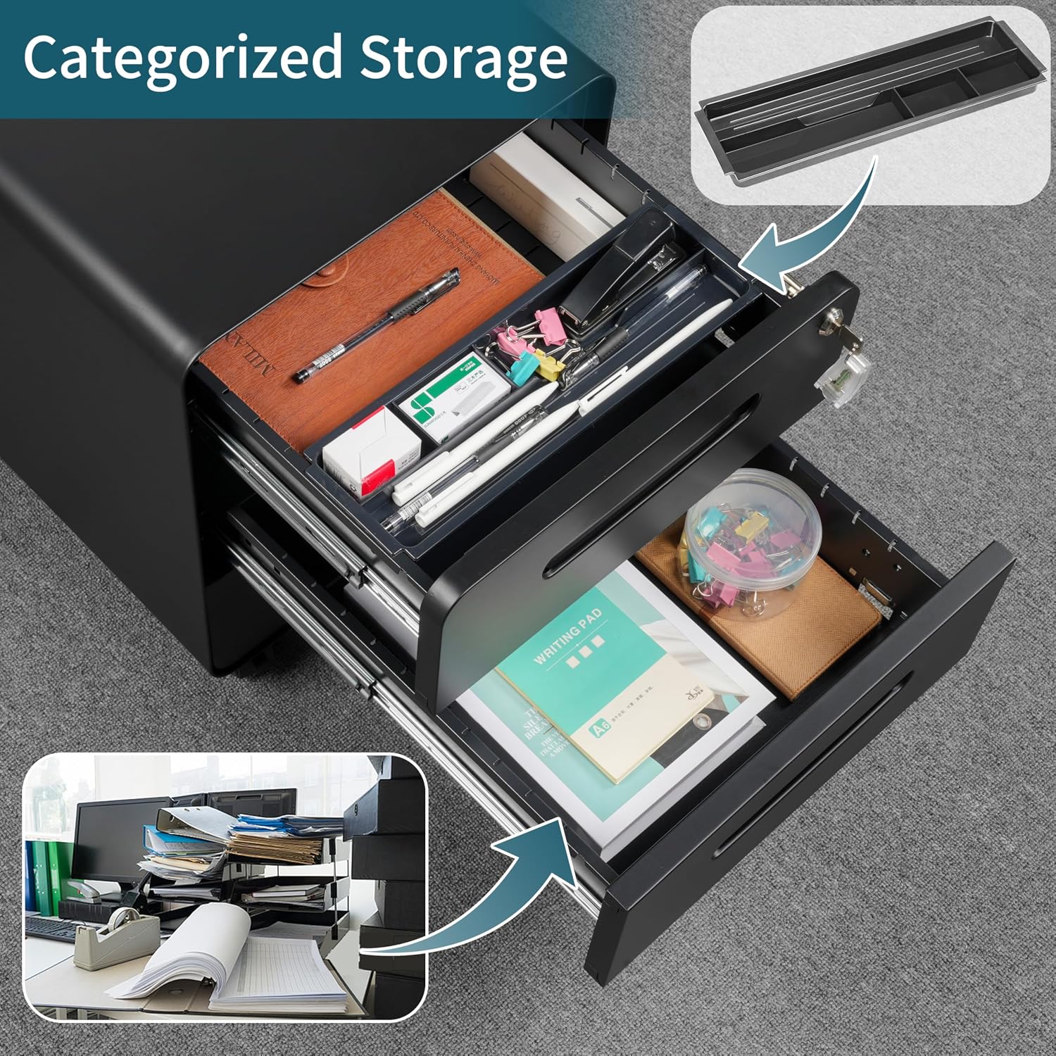 3 Drawer Under Desk Printer Stand with Lock, Mobile Rolling Printer Table for Home Office, Fully Pre-Assembled (Wheels Only to Attach), 4 Keys Included, Black