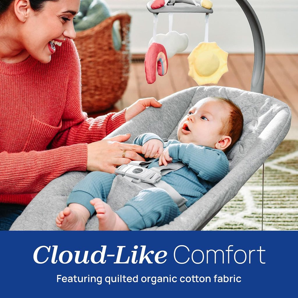 Chicco Float Baby Bouncer Seat, Quilted Organic Cotton Seat Pad, Included Toy bar with Plush Toys, Cloud/Grey
