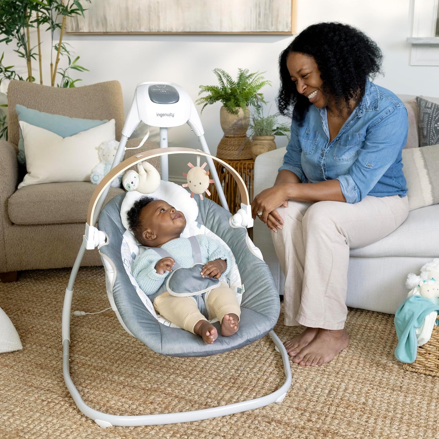 Ingenuity SimpleComfort Compact Baby Swing, Rotating Seat Swings in 3 Directions, 6 Speeds, 8 Melodies & 3 Nature Sounds, Ages 0-9 Months, Up to 20 Pounds - Parker