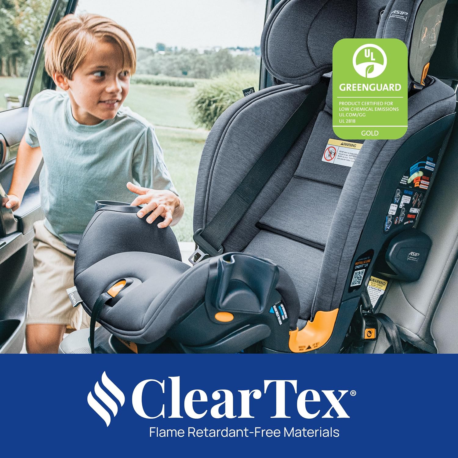 Chicco OneFit LX ClearTex All-in-One Car Seat with LeverLock Installation, Slim Design, Convertible Car Seat, Seat for Infants and Children 5-100 lbs, Lupine/Purple