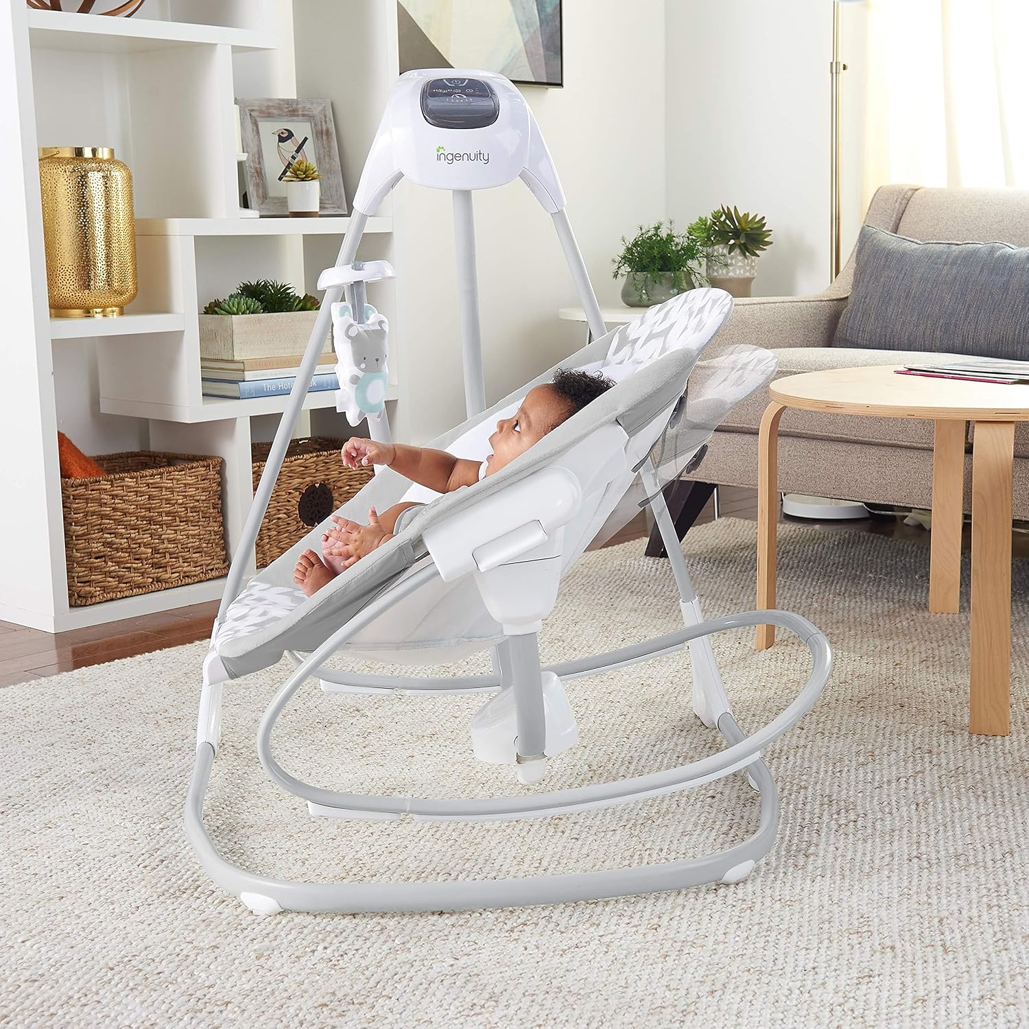Ingenuity 2-in-1 SimpleComfort Lightweight Compact 6-Speed Multi-Direction Baby Swing & Rocker, Vibrations & Nature Sounds, 0-9 Months 6-20 lbs (Raylan)