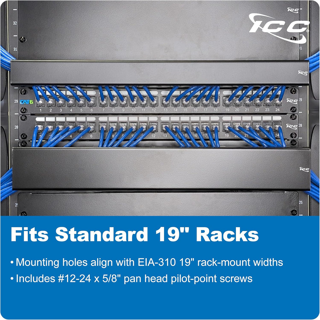 ICC 1U Ring Cable Manager Panel with Cover, Metal, 3' Cable Distribution D Rings, Horizontal Cable Management, Rackmount for 19' Network Racks, Black, 6-Pack
