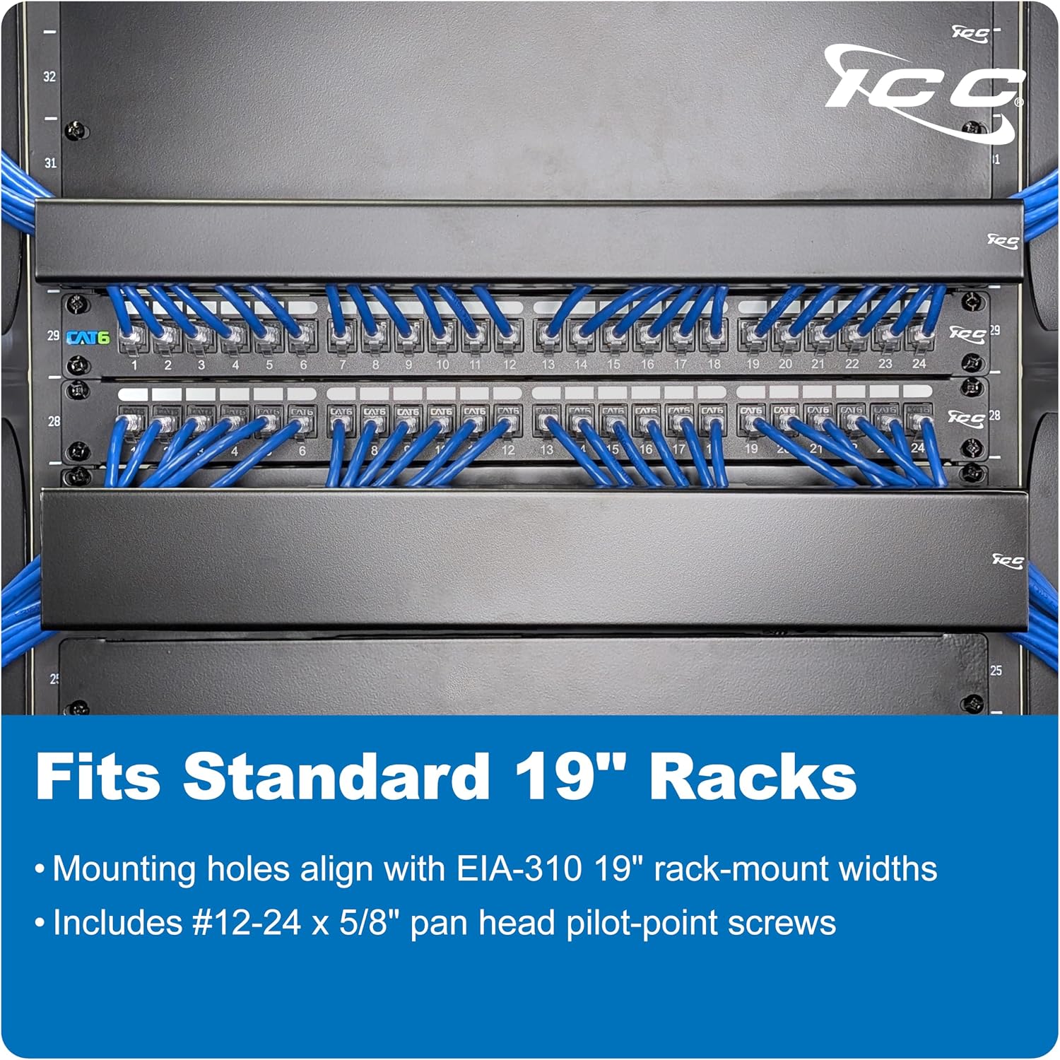 ICC 1U Ring Cable Manager Panel with Cover, Metal, 3' Cable Distribution D Rings, Horizontal Cable Management, Rackmount for 19' Network Racks, Black, 6-Pack
