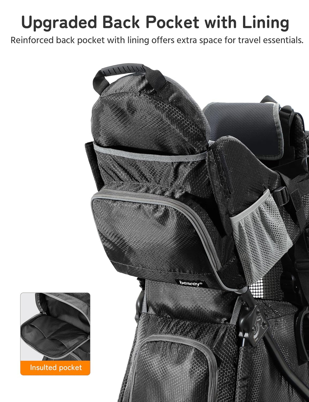 besrey Baby Backpack Carrier, Toddler Hiking Backpack with Safety 3-Height Seat, Adjustable Straps&Waist Belt, Foldable Frame Lightweight Large Capacity Child Carrier for Hiking (Shiny Black)