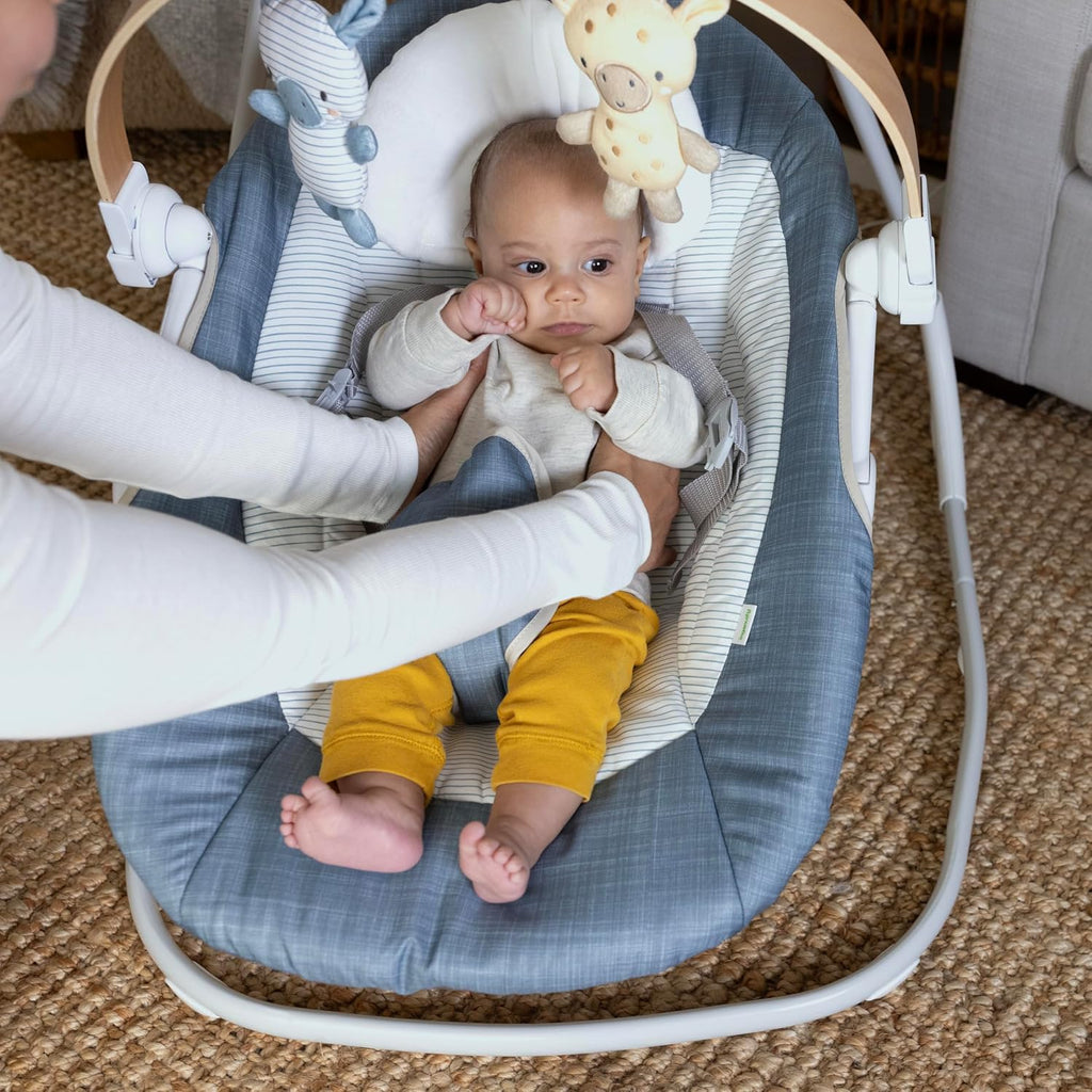 Ingenuity SimpleComfort Compact Baby Swing, Rotating Seat Swings in 3 Directions, 6 Speeds, 8 Melodies & 3 Nature Sounds, Ages 0-9 Months, Up to 20 Pounds - Chambray