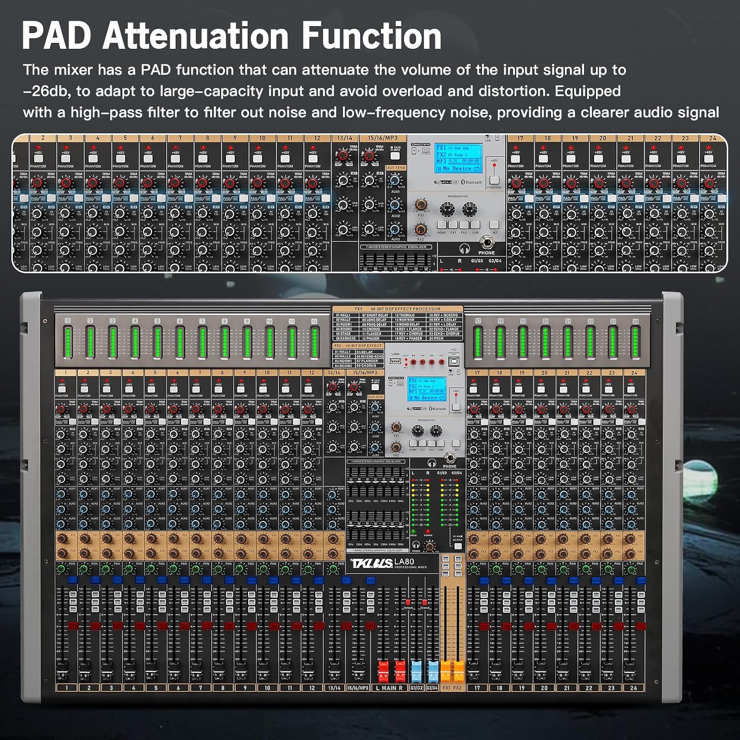 24 Channel Multi-Input Audio Mixer, High Capacity Mixing Console with USB Interface, 99 DSP Effects, 48V Phantom Power, XLR Inputs for Complex Audio Setup