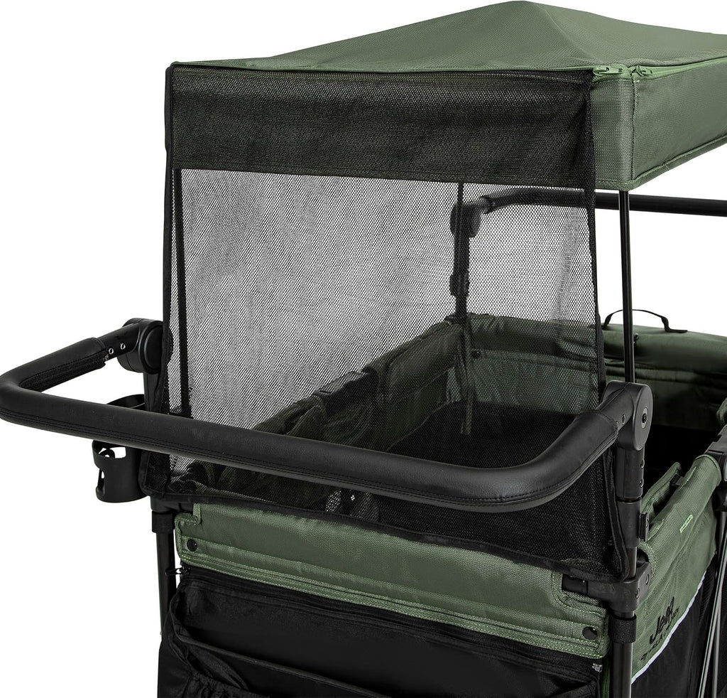 Delta Children - Jeep Wrangler Deluxe 4 Seater Stroller Wagon - Premium Quad Stroller Wagon for 4 Kids with Convertible Seats, Adjustable Push/Pull Handles, Removable Canopy & Flat Fold, Black/Green