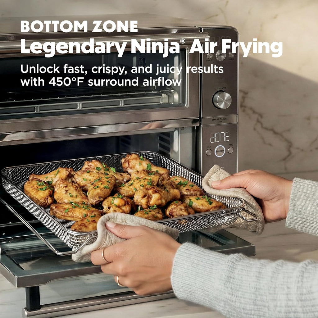 Ninja Double Oven Pro Smart XL Countertop Oven & Air Fryer | 30.2 Qt Capacity |12-in-1 Versatility with Smart Finish & DualZone Tech to Cook 2 Meals at Once | Fit up to 4.5lb Chicken | Silver | DCT821