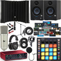 Focusrite Scarlett 2i2 4th Gen USB-C Audio Interface Full Studio Bundle with Eris 3.5 Monitors ATOM Pad Controller Condenser Microphone Headphones Isolation Shield Boom Stand Pop Filter and Cables