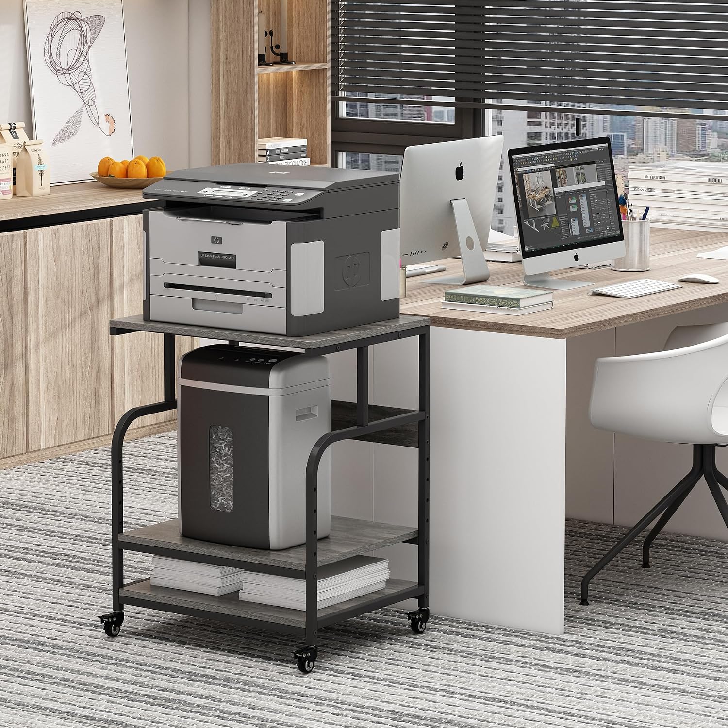 Fannova Large Printer Stand Table 23.6 x18.9 x 30 Inches with Height Adjustable Storage Shelf, 3 Tier Rolling Printer Cart with Wheels for Home Office, Gray