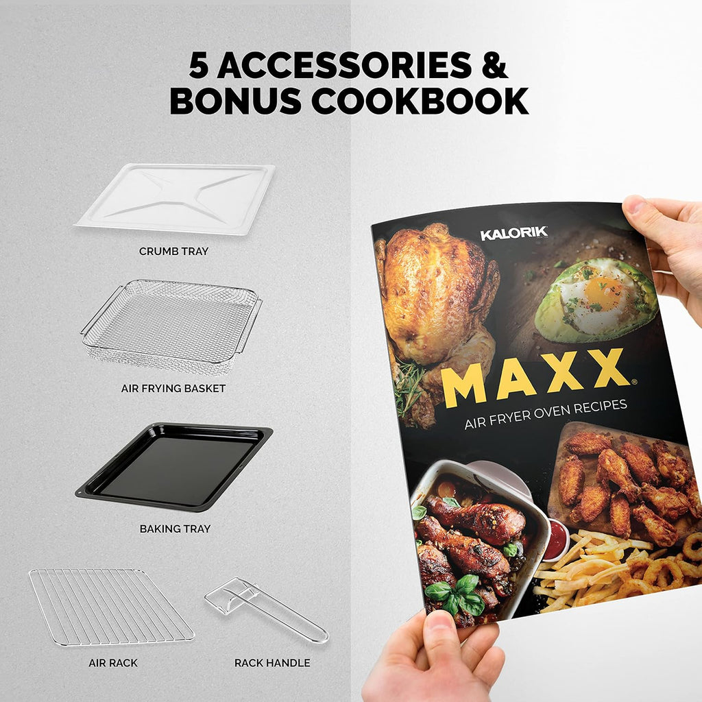 Kalorik MAXX® Touch 16 Quart Air Fryer Oven, 9-in-1 Air Fryer Toaster Oven Combo, 21 presets, 500°F, 5 Accessories, Recipe Book, 1600W, Black Stainless Steel, AFO 47804 BK