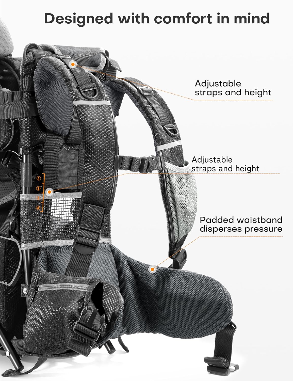 besrey Baby Backpack Carrier, Toddler Hiking Backpack with Safety 3-Height Seat, Adjustable Straps&Waist Belt, Foldable Frame Lightweight Large Capacity Child Carrier for Hiking (Shiny Black)