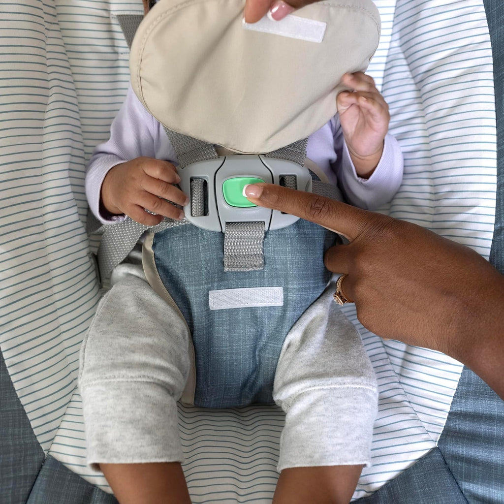 Ingenuity SimpleComfort Compact Baby Swing, Rotating Seat Swings in 3 Directions, 6 Speeds, 8 Melodies & 3 Nature Sounds, Ages 0-9 Months, Up to 20 Pounds - Chambray