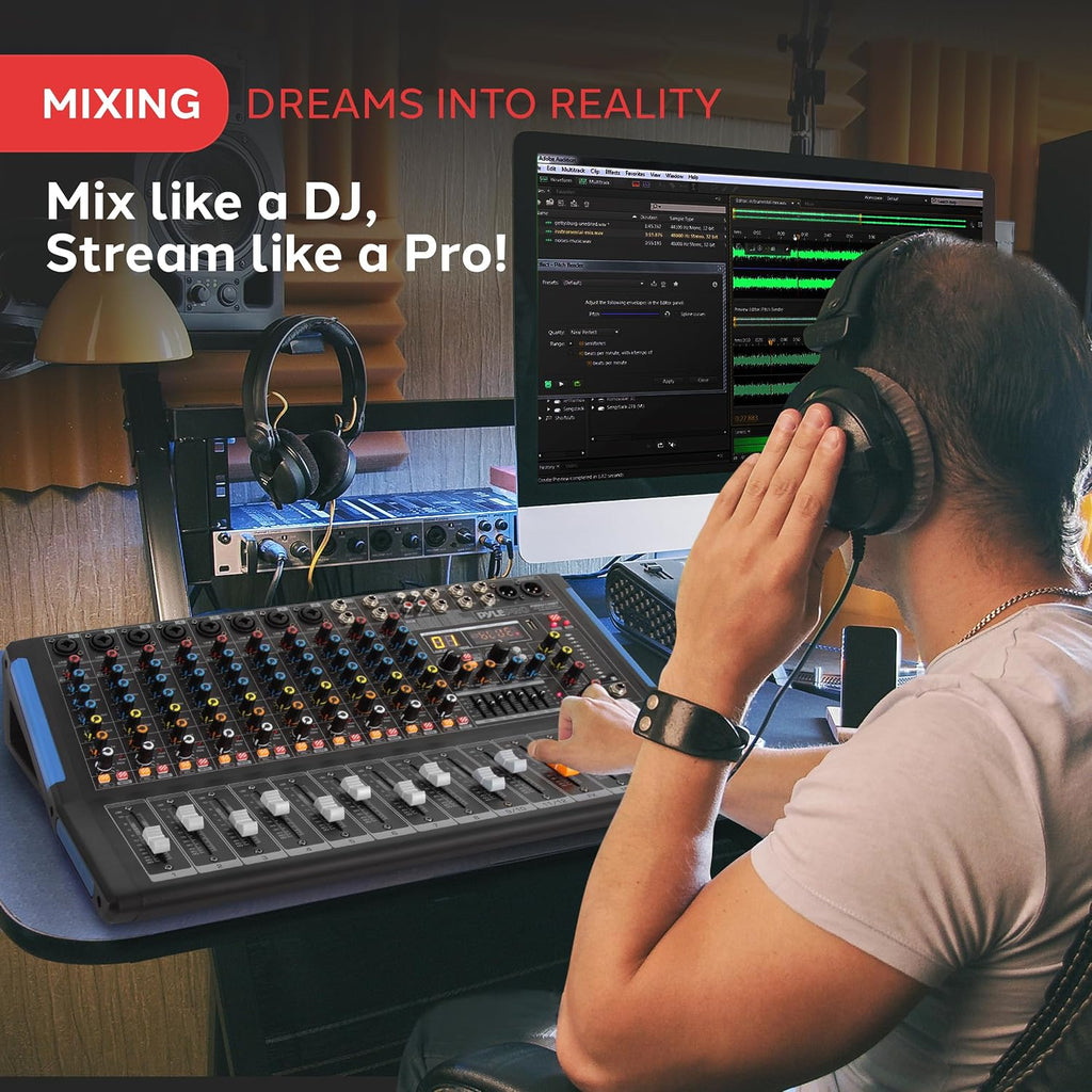 Pyle 12-Channel Console Style Audio Mixer with Bluetooth - DJ Sound Controller, 8 XLR / Combo Inputs, Sub Out, +48V Phantom, USB-A In, 16 DSP Effects, MP3 Player, 7-Band EQ - PMXU128BT