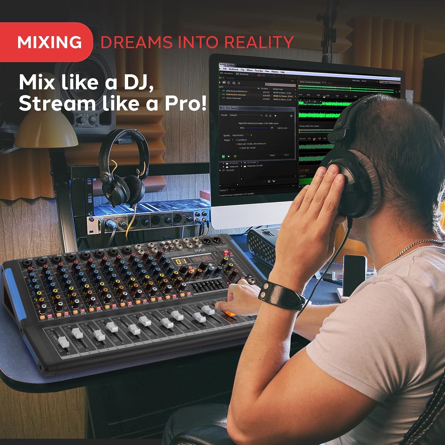 Pyle 12-Channel Console Style Audio Mixer with Bluetooth - DJ Sound Controller, 8 XLR / Combo Inputs, Sub Out, +48V Phantom, USB-A In, 16 DSP Effects, MP3 Player, 7-Band EQ - PMXU128BT