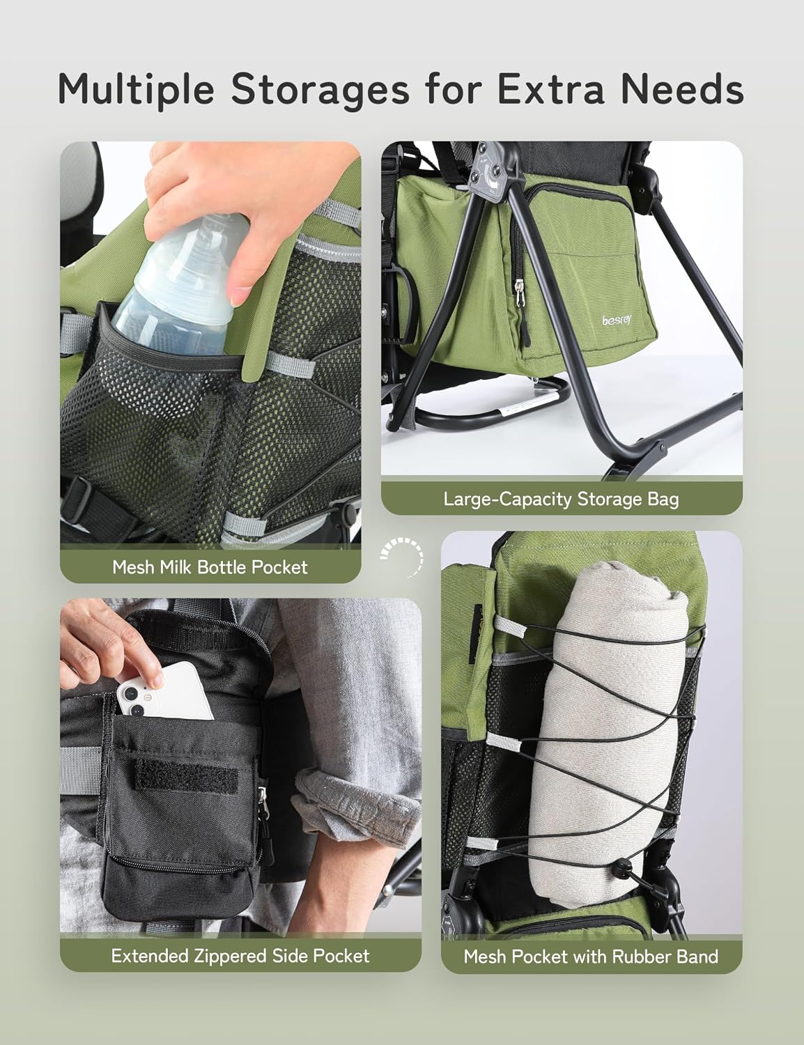 besrey Baby Backpack Carrier, Toddler Hiking Backpack with Safety 3-Height Seat, Adjustable Straps&Waist Belt, Foldable Frame Lightweight Large Capacity Child Carrier for Hiking (Army Green)