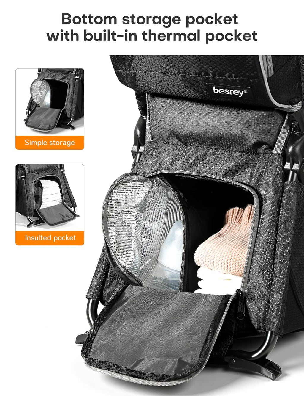 besrey Baby Backpack Carrier, Toddler Hiking Backpack with Safety 3-Height Seat, Adjustable Straps&Waist Belt, Foldable Frame Lightweight Large Capacity Child Carrier for Hiking (Shiny Black)
