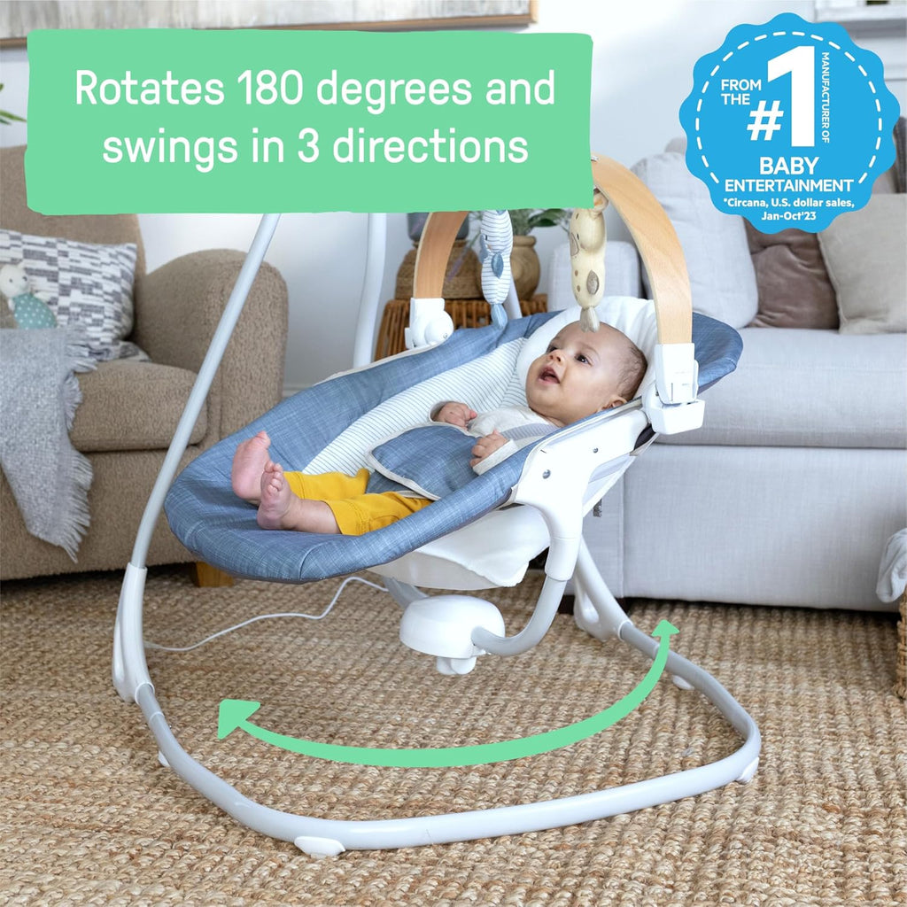 Ingenuity SimpleComfort Compact Baby Swing, Rotating Seat Swings in 3 Directions, 6 Speeds, 8 Melodies & 3 Nature Sounds, Ages 0-9 Months, Up to 20 Pounds - Chambray