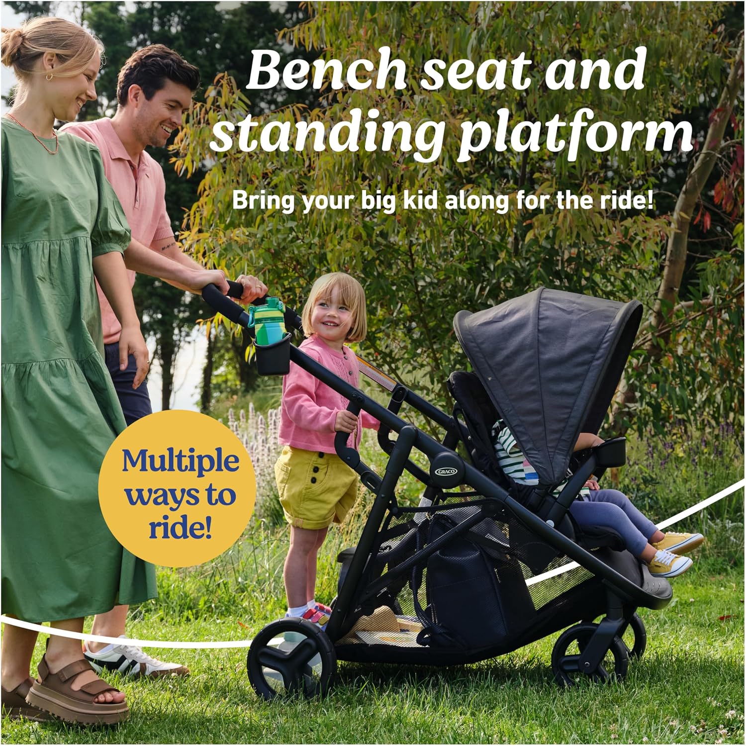 Graco Ready2Grow 2.0 Double Stroller, Twin Baby Stroller Features Bench Seat and Standing Platform Options, Compact Fold Perfect for Baby Travel, Rafa