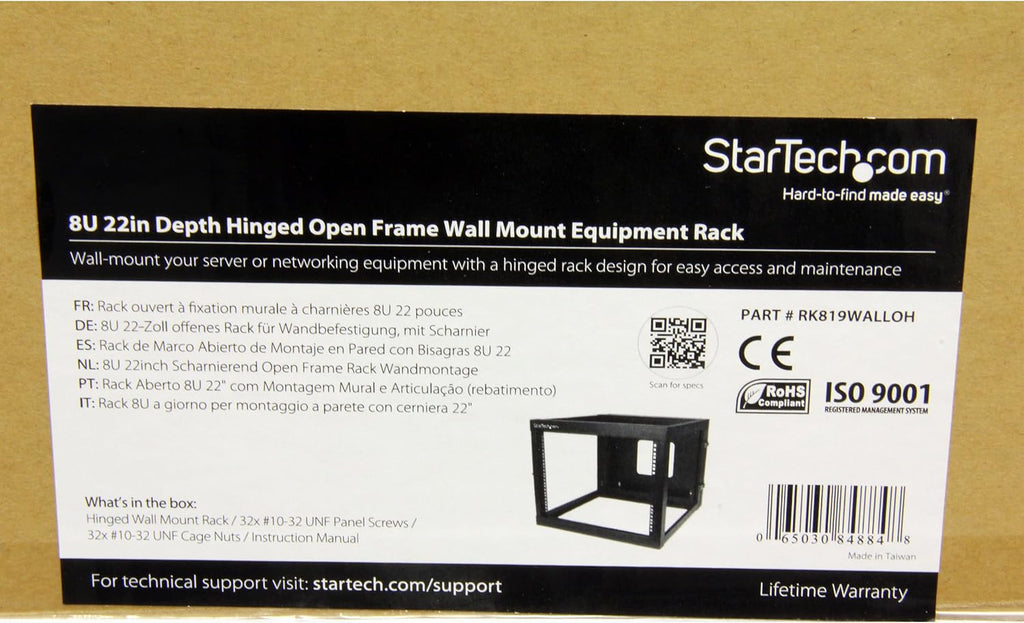 StarTech.com 4-Post 8U Hinged Wall-Mount Network Rack, 19' Open Frame Server Rack with 19.8in Mounting Depth, Wall Mount Swing Out Data Rack for IT / AV / Computer Equipment, TAA (RK819WALLOH)