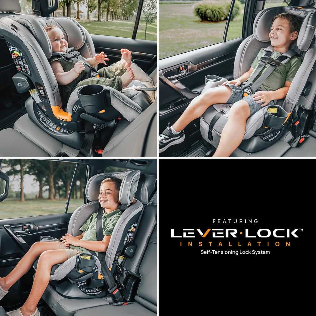 Chicco OneFit Max ClearTex All-in-One Car Seat with LeverLock Installation, Slim Design, Convertible Car Seat, Seat for Infants and Children 5-100 lbs, Ash/Grey