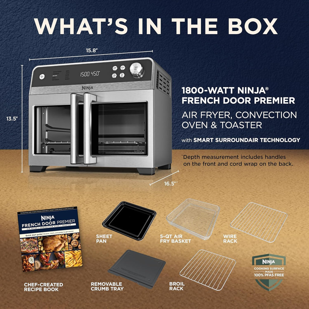 Ninja | French Door Premier Air fry Oven | 10-in-1 functions | 20.3-qt capacity | 5-qt Air Fry Basket, Sheet Pan, Wire Rack, Broil Rack | PFAS-free Cooking Surface, Dishwasher-Safe Accessories | FO101