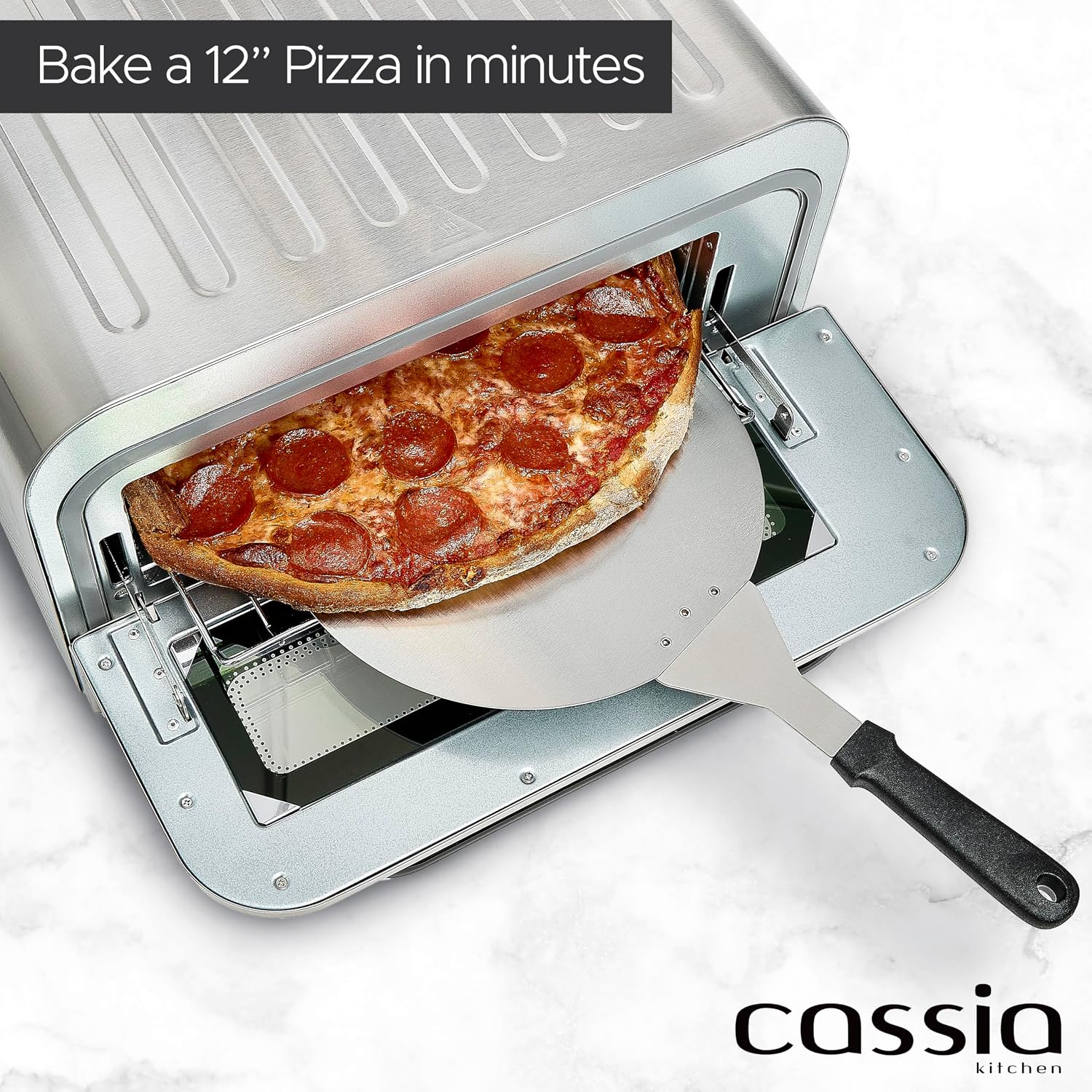Cassia Countertop Electric Air Fryer Pizza Oven, 12' Capacity, 20L, 1800W, Heats up to 750°F, 16 Presets, Includes Pizza Stone, Peel, Fry Basket, Stainless Steel