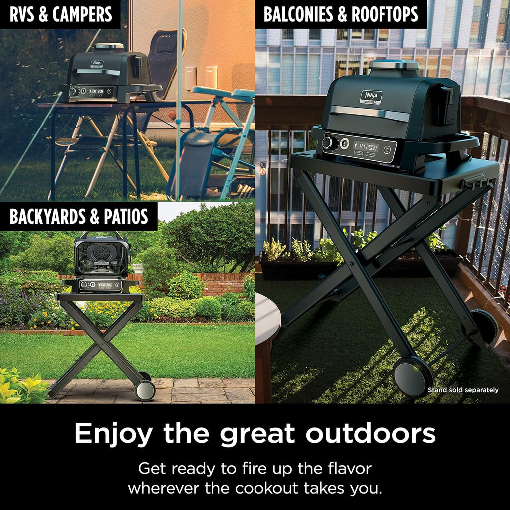 Ninja | Woodfire Series | 7-in-1 (Grill, BBQ, Roast, Air Fry, Dehydrate, Broil, Smoke) | Portable & Weather Resistant | Cook Up To 6 Steaks & 30 Hot Dogs | Woodfire Pellets included | OG701