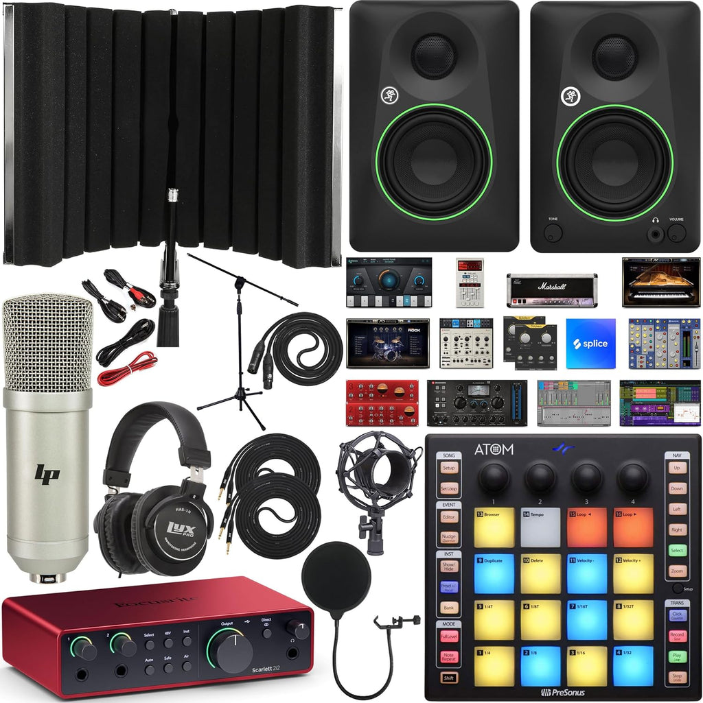 Focusrite Scarlett 2i2 4th Gen 2x2 USB Audio Interface Full Studio Bundle with Software Kit, CR3.5 Creative Multimedia Monitors, ATOM MIDI Pad Controller, Boom Arm & Isolation Recording Shield