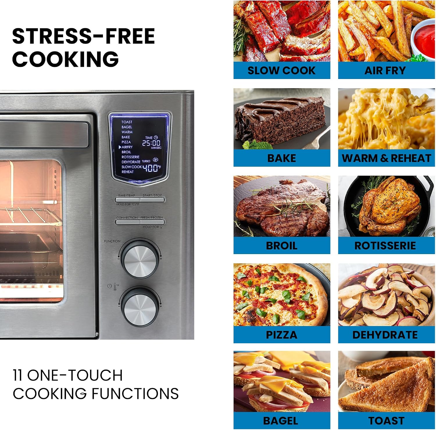 Kenmore Digital 11-In-1 Air Fryer Toaster Oven Combo 26 Qt Convection Rotisserie Dehydrator Bake Broil 1800 Watts 80°-450°F Temp Controls Top & Bottom Heater Adjustments Stainless Steel Large Capacity