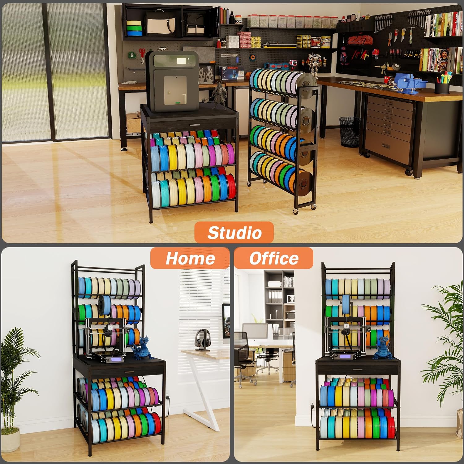 KirKical 3D Printer Stand with Filaments Storage, Large Capacity Heavy Duty Filament Storage Rack with Drawer for PLA/ABS/TPU, 3D Printer Filament Table with Power Outlet for Home Studio Office, Black