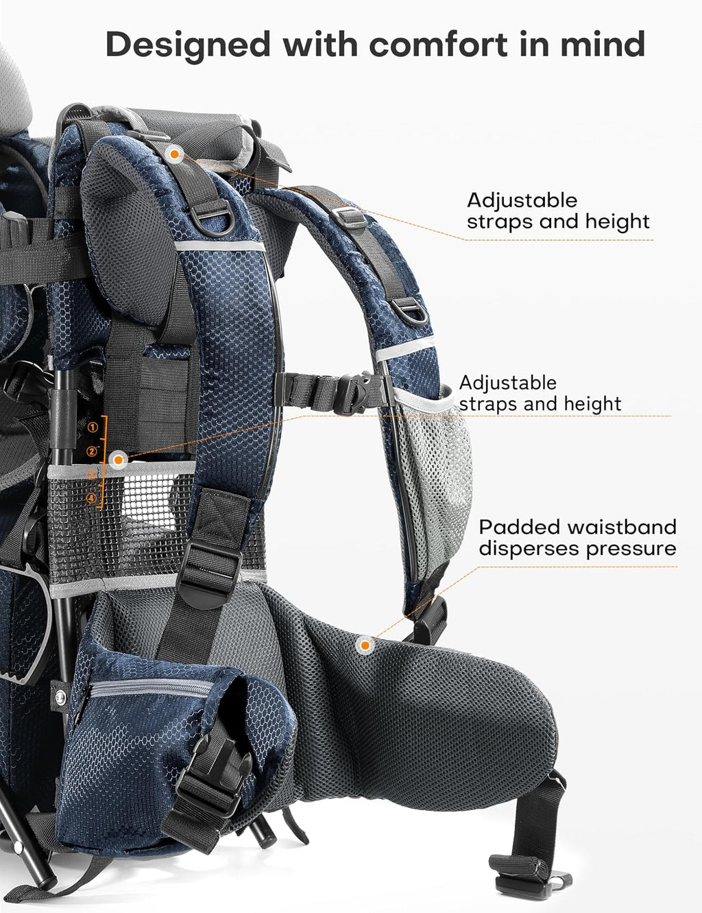 besrey Baby Backpack Carrier, Toddler Hiking Backpack with Safety 3-Height Seat, Adjustable Straps&Waist Belt, Foldable Frame Lightweight Large Capacity Child Carrier for Hiking (Blue)
