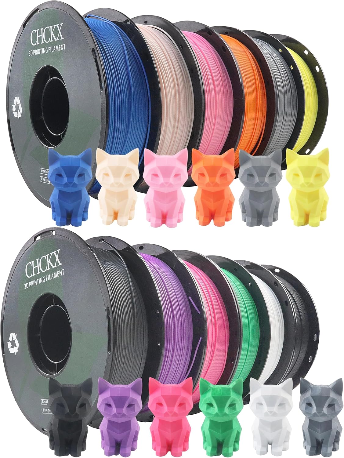 12 Pack PLA 3D Printer Filament, Dimensional Accuracy +/- 0.02 mm, 1kg Spool (2.2lbs), 1.75 mm，Black White Grey Red Green Yellow Purple Skin Blue Pink Orange Silver，12 Colors