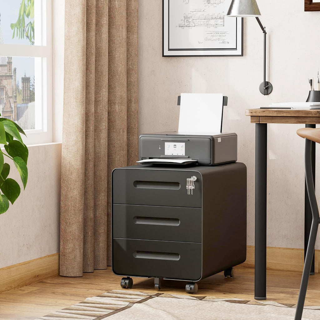 3 Drawer Under Desk Printer Stand with Lock, Mobile Rolling Printer Table for Home Office, Fully Pre-Assembled (Wheels Only to Attach), 4 Keys Included, Black