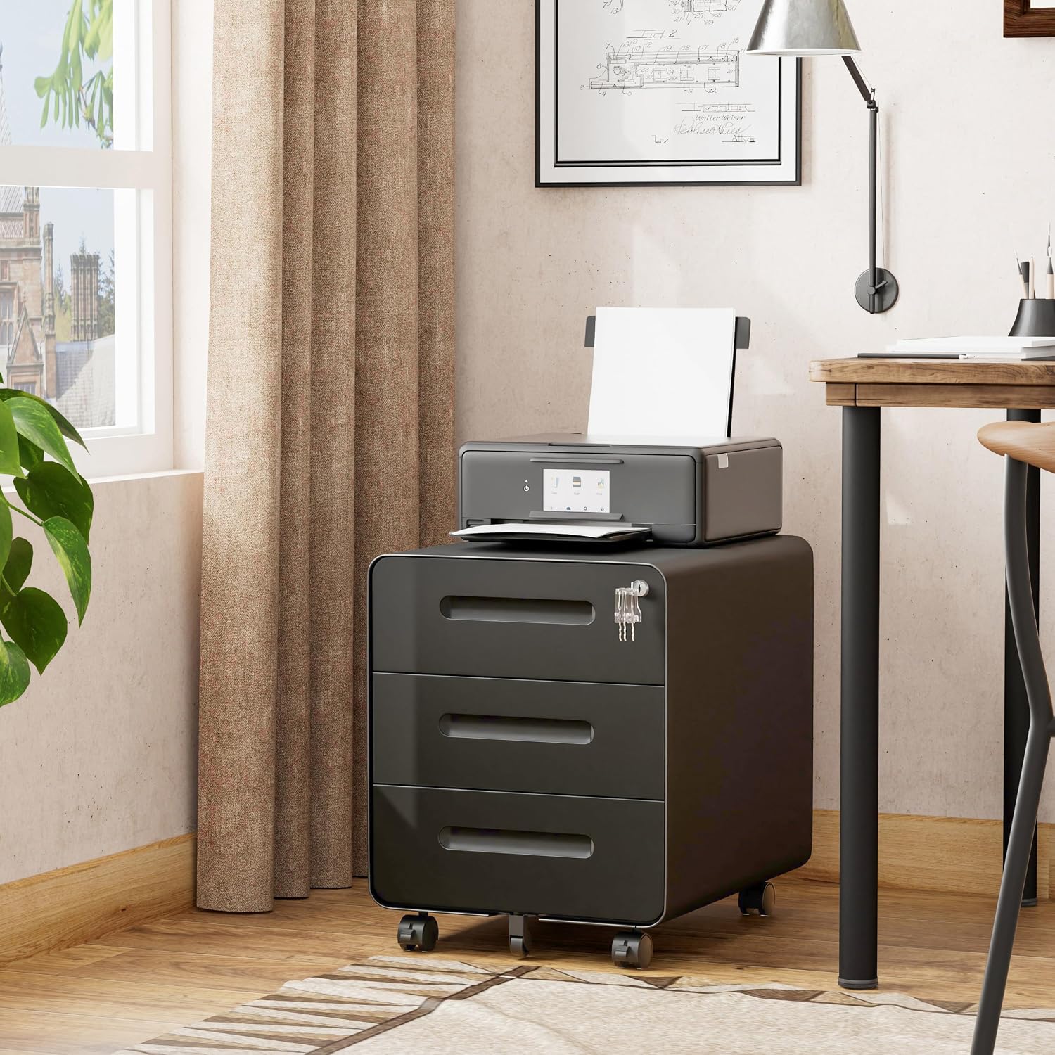 3 Drawer Under Desk Printer Stand with Lock, Mobile Rolling Printer Table for Home Office, Fully Pre-Assembled (Wheels Only to Attach), 4 Keys Included, Black