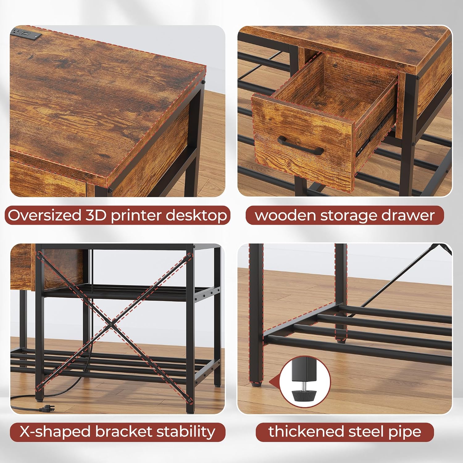 3D Printer Stand with Filament Storage – Heavy Duty Metal 3D Printer Table with Drawer and Power Hub for Workshop, Studio, and Office