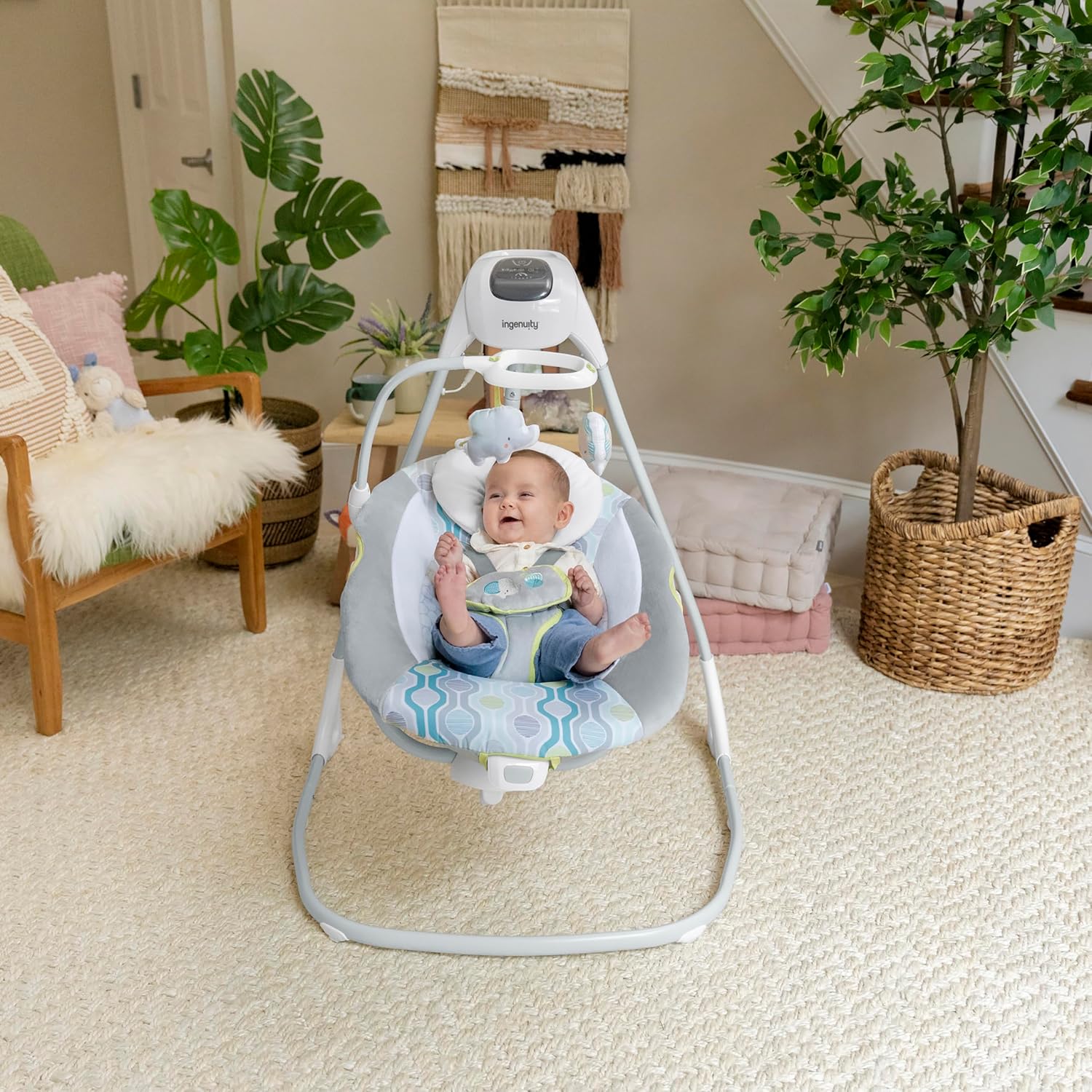 Ingenuity SimpleComfort Lightweight Compact 6-Speed Multi-Direction Baby Swing, Vibrations & Nature Sounds, 0-9 Months 6-20 lbs (Everston)