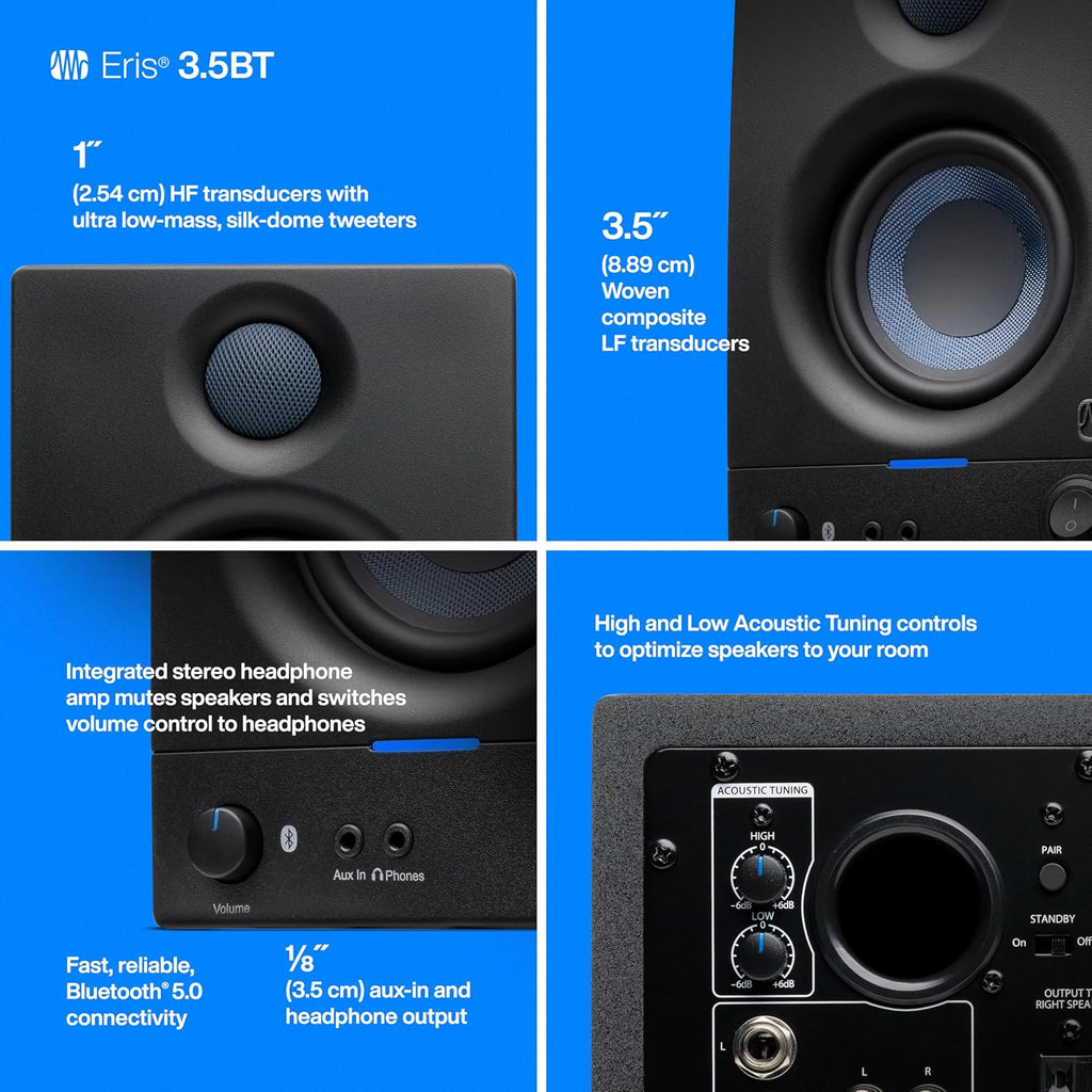 PreSonus Eris 3.5BT Studio Monitors, Pair — 3.5' Inch Powered Bookshelf Speakers, Stereo, Desktop Computer, Near Field Music Production, Audio Mixing Recording