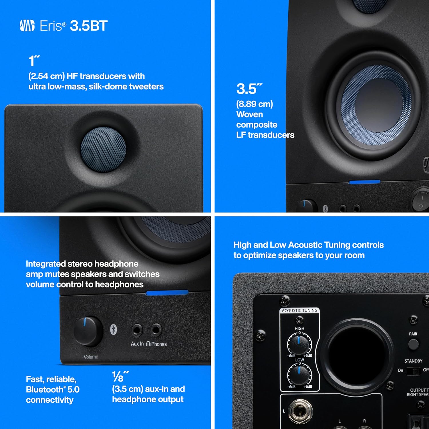 PreSonus Eris 3.5BT Studio Monitors, Pair — 3.5' Inch Powered Bookshelf Speakers, Stereo, Desktop Computer, Near Field Music Production, Audio Mixing Recording