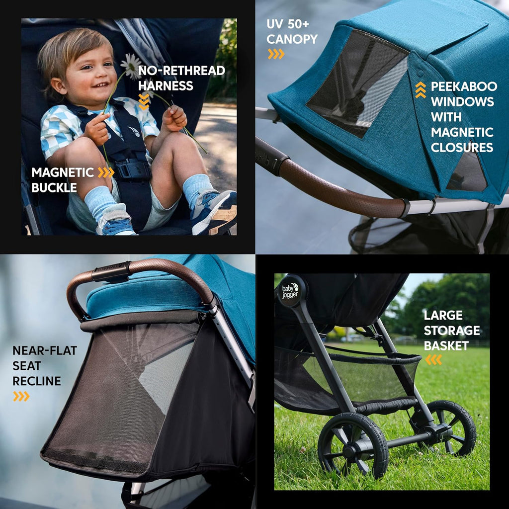 Baby Jogger® City Mini GT3 All Terrain Baby Stroller with Forever Air Rubber Tires, All Wheel Suspension, Lightweight Stroller with Magnetic Buckle, No-Rethread Harness, and Foot Brake, Deep Sea Blue