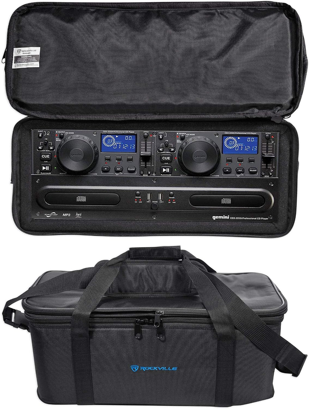 Gemini CDX-2250i Pro DJ Dual Two Deck Rack Mount CD/MP3 Media Player w/ USB Bundle with Rockville RRB40 4U Rack Bag Double-Sided Case with 12' Depth with Shoulder Strap
