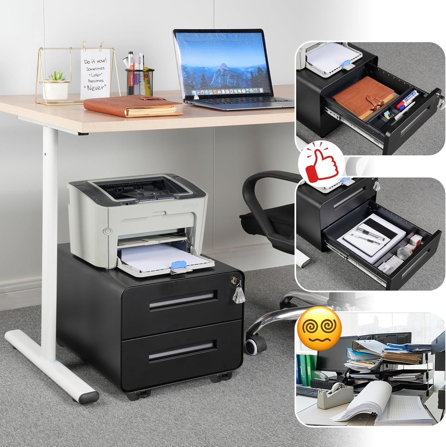 Under Desk Printer Stand with Storage – 2-Drawer Printer Table for Home & Office, Mobile Printer Cart with 2 Sets of Casters and Lockable Drawers, 4 Keys, Black