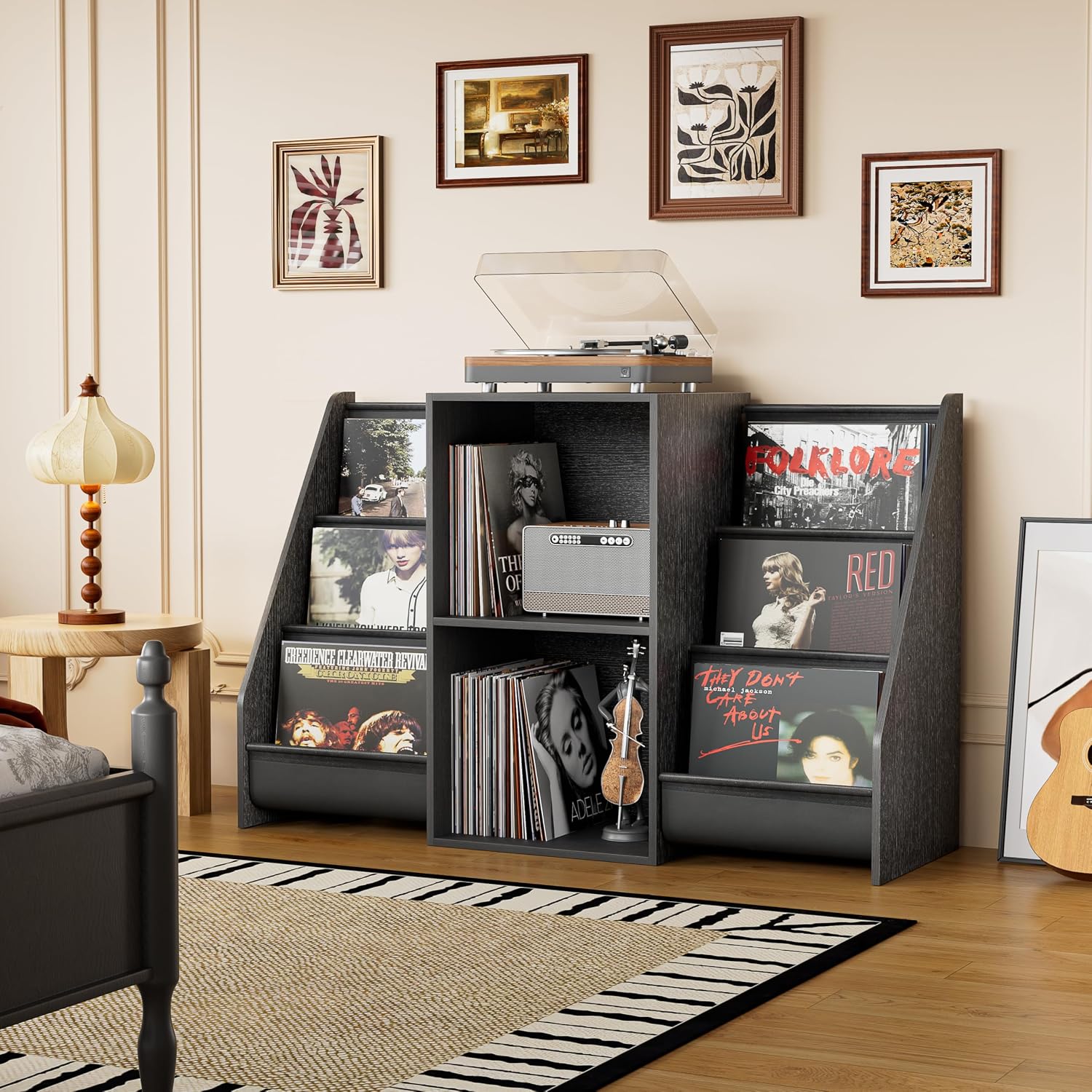 Record Player Stand, Turntable Stand with Vinyl Record Storage 300 Albums, Record Player Table with Record Holder Vinyl Display Shelf Organizer Rack, Record Player Cabinet for LP Media Stereo Audio AV