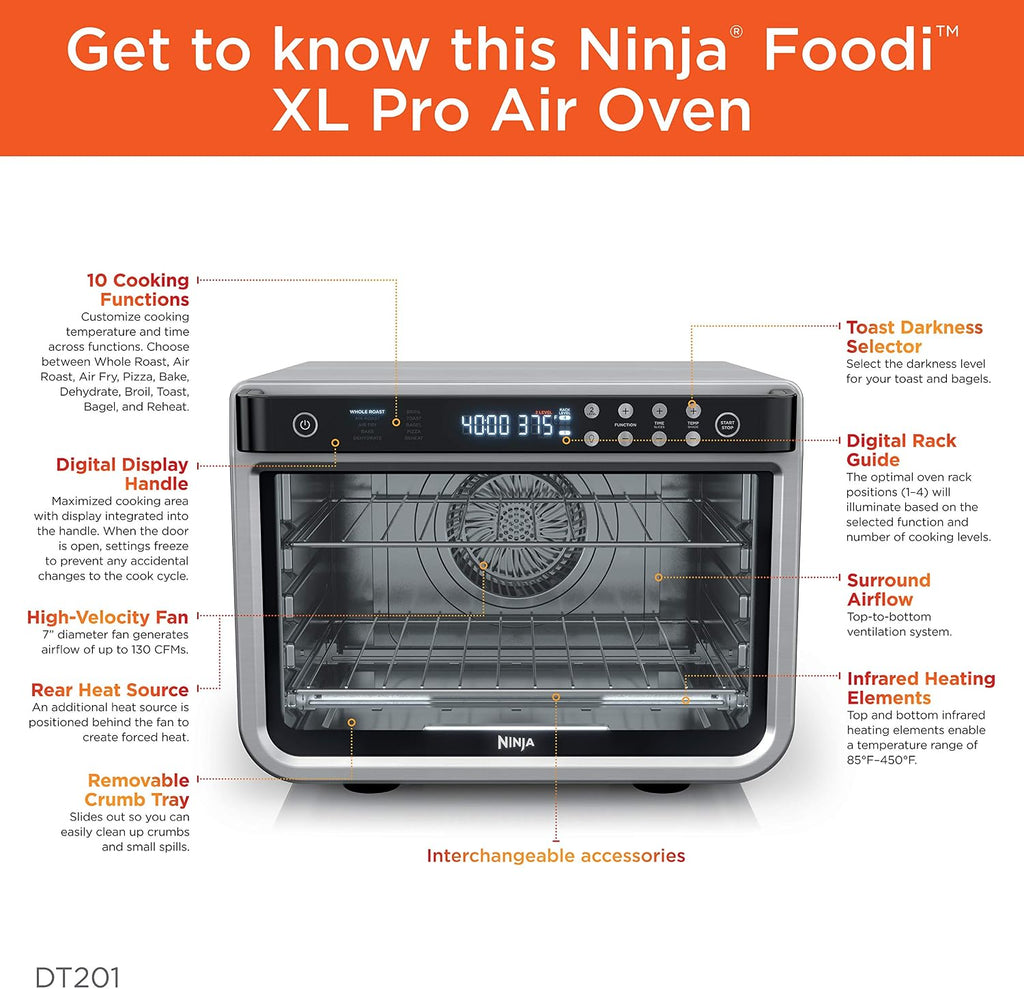 Ninja Air Fryer & Toaster Oven Combo | 10-in-1 Foodi XL Pro Air Fry Countertop Oven | Fit a 5-lb Chicken & Sheet Pan of Vegetables | Bake, Dehydrate, Toast & More |1800 Watts | Stainless Steel | DT201