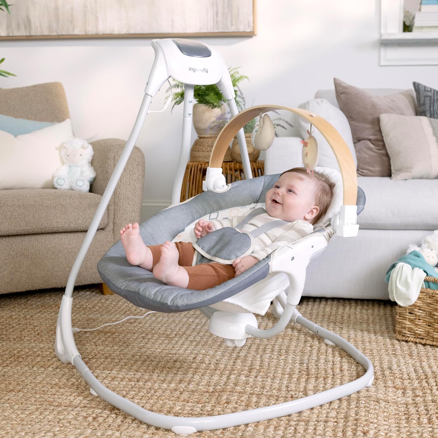 Ingenuity SimpleComfort Compact Baby Swing, Rotating Seat Swings in 3 Directions, 6 Speeds, 8 Melodies & 3 Nature Sounds, Ages 0-9 Months, Up to 20 Pounds - Parker
