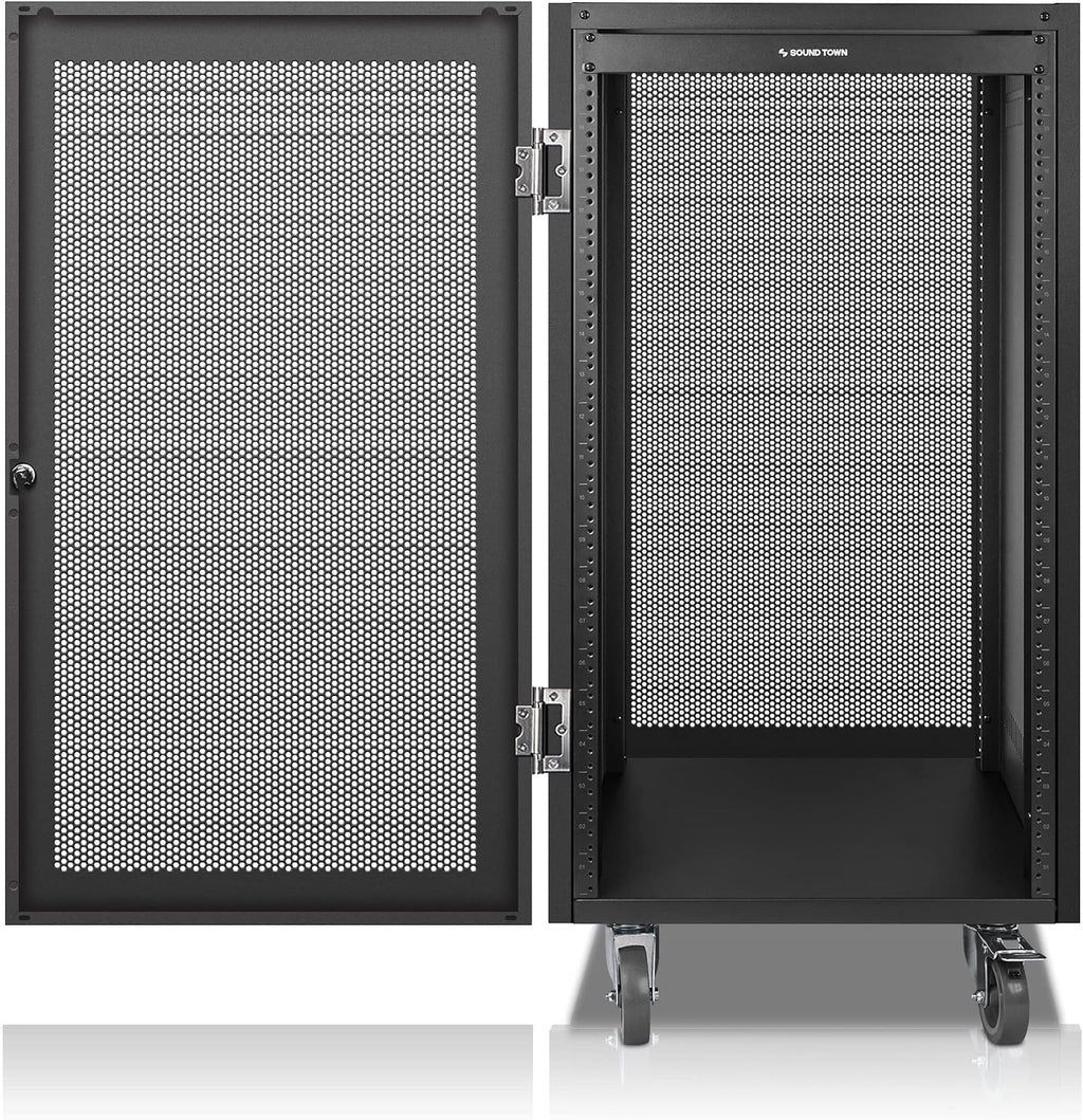 Sound Town 21U Universal Steel Rack, w/Mesh Doors, Locking Casters, Vented Side Panels for Audio Video, Server and Network Equipment (STRK-M21UWD)