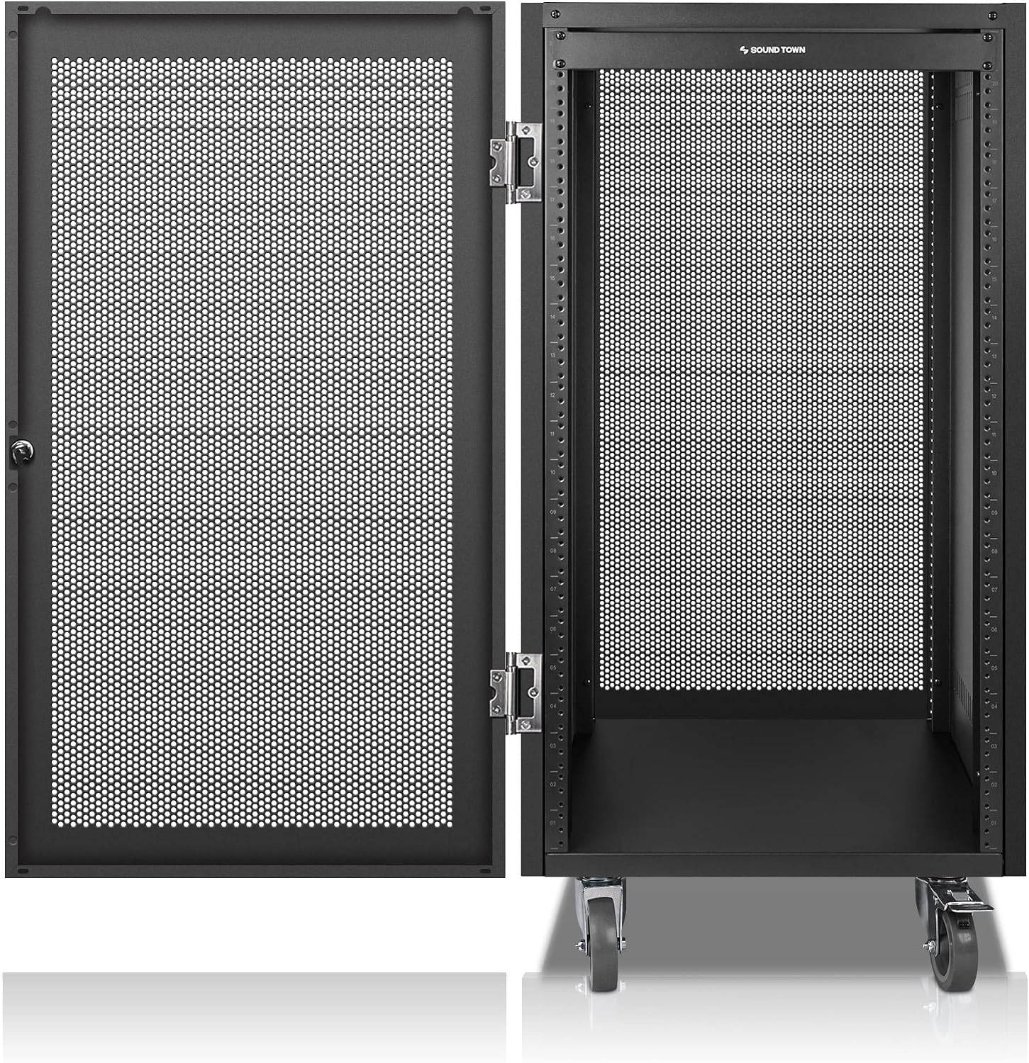 Sound Town 21U Universal Steel Rack, w/Mesh Doors, Locking Casters, Vented Side Panels for Audio Video, Server and Network Equipment (STRK-M21UWD)